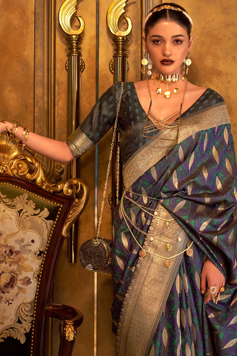 Dusky Blue Satin Banarsi Silk Saree