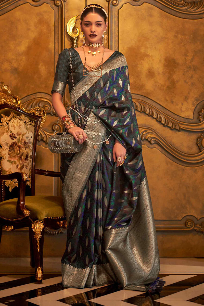 Dusky Blue Satin Banarsi Silk Saree