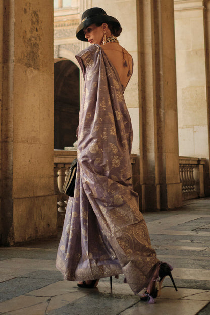 Dusty Lavender Gota Zari Woven Banarasi Silk Saree