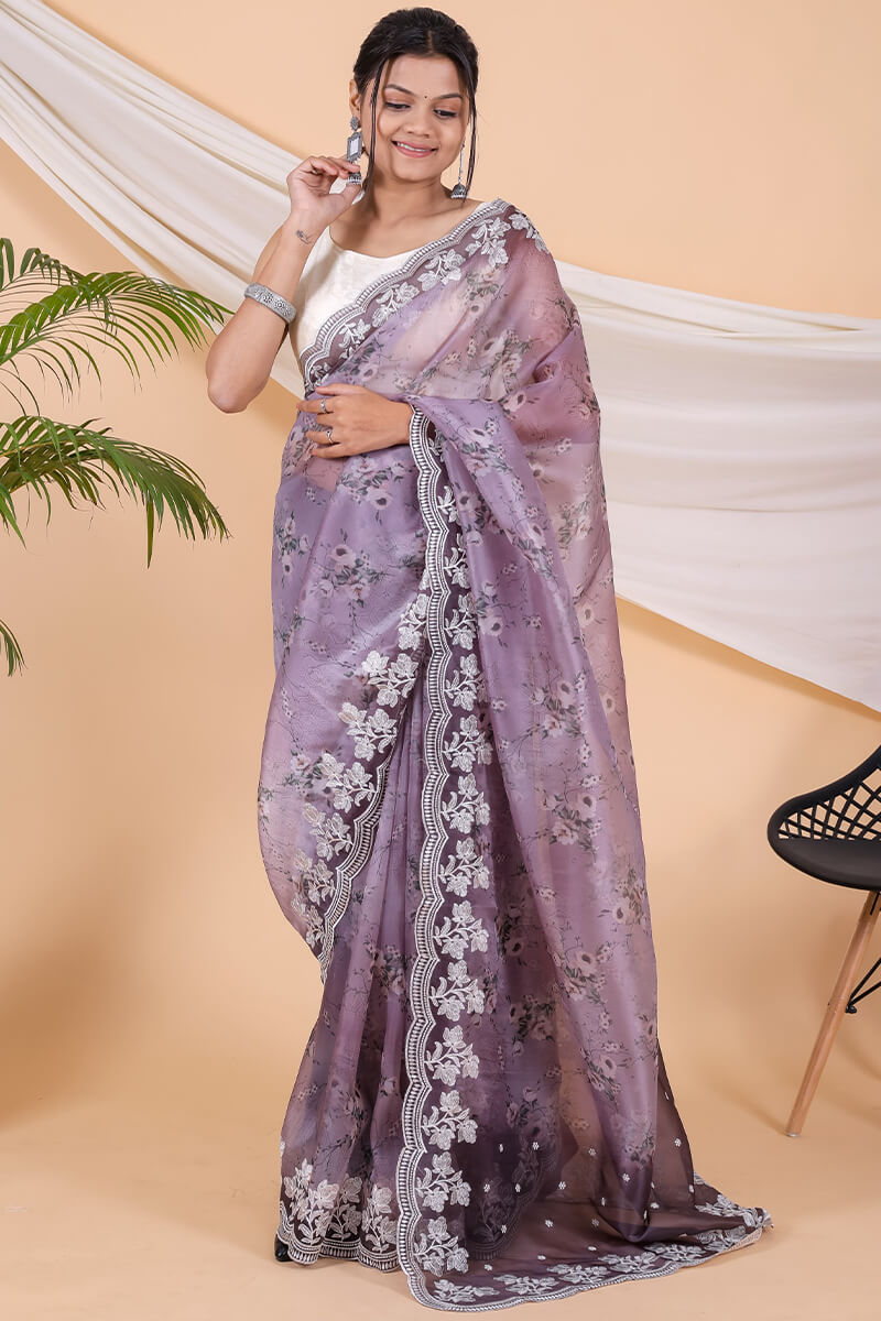 Dusty Lavender Printed Organza Embroidery Work Saree