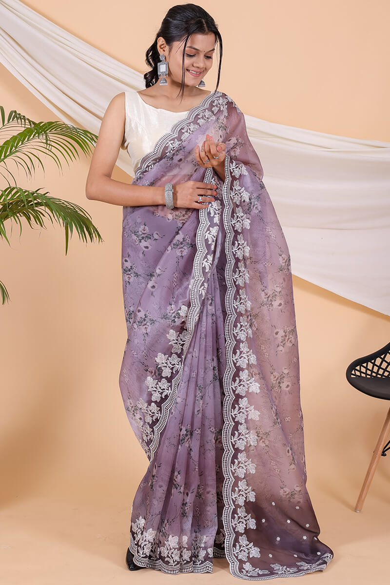 Dusty Lavender Printed Organza Embroidery Work Saree