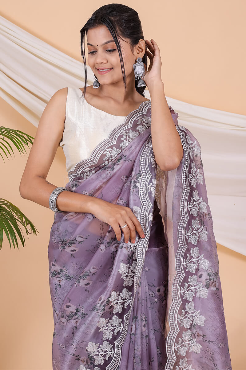 Dusty Lavender Printed Organza Embroidery Work Saree