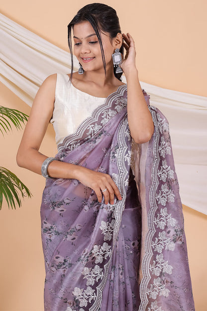 Dusty Lavender Printed Organza Embroidery Work Saree