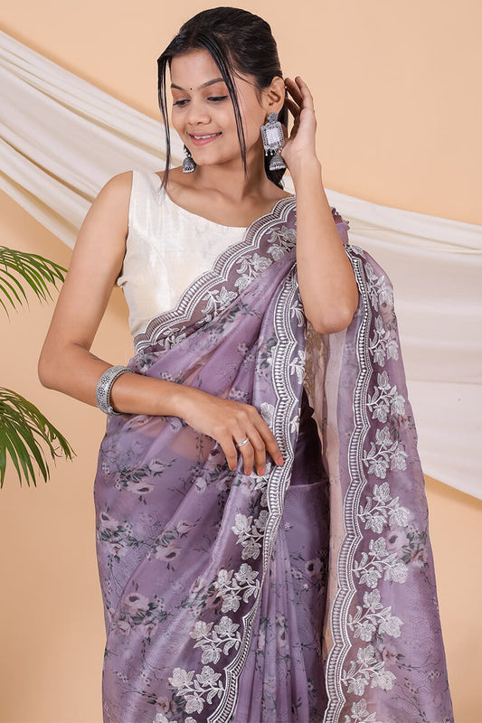 Dusty Lavender Printed Organza Embroidery Work Saree