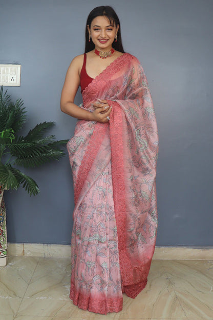 Dusty Pink Kalamkari Printed Organza Silk Saree