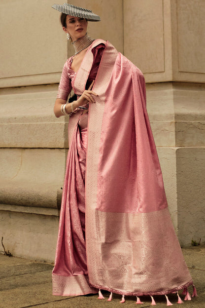 Dusty Pink Zari Woven Banarasi Satin Silk Saree