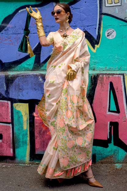 Ecru Beige Parsi Woven Banarasi Silk Saree