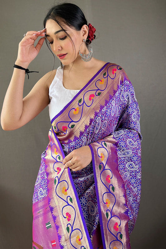Eminence Purple Lucknowi Woven Paithani Silk Saree
