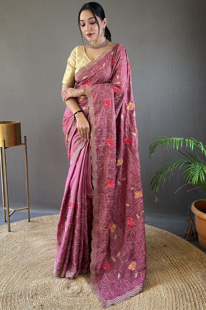 Faded Wine Embroidered Work Tussar Silk Saree
