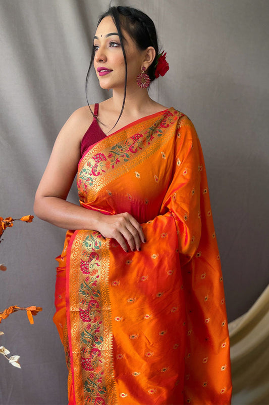 Flame Orange Zari Woven Paithani Silk Saree