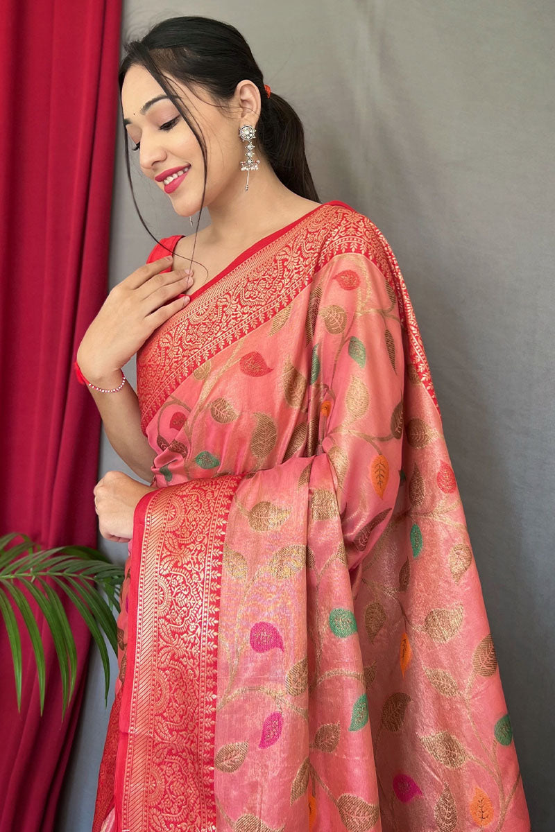 Flamingo Pink Banarasi Tissue Silk Saree