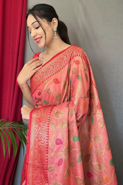 Flamingo Pink Banarasi Tissue Silk Saree