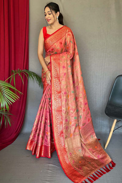 Flamingo Pink Banarasi Tissue Silk Saree