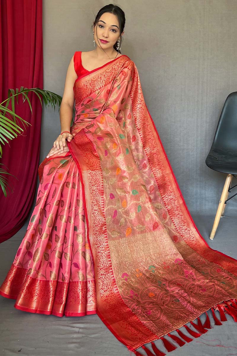 Flamingo Pink Banarasi Tissue Silk Saree