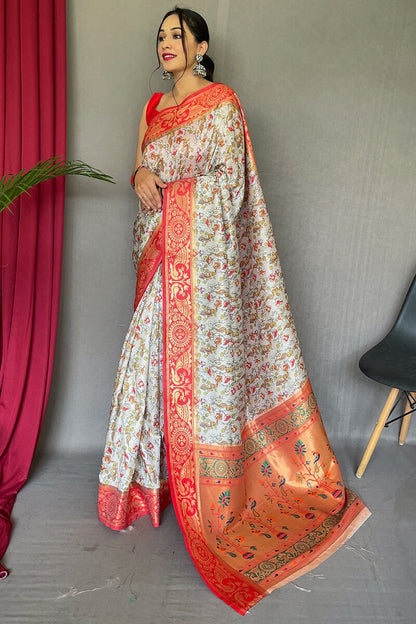 Floral White Kalamkari Printed Silk Saree