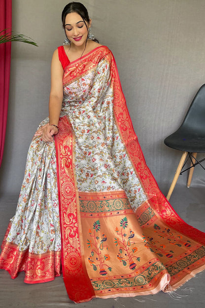 Floral White Kalamkari Printed Silk Saree