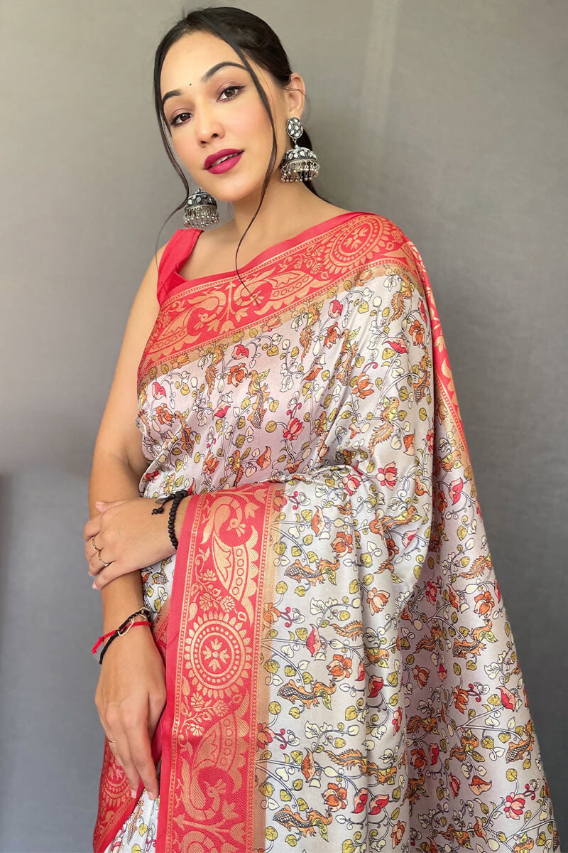 Floral White Kalamkari Printed Silk Saree