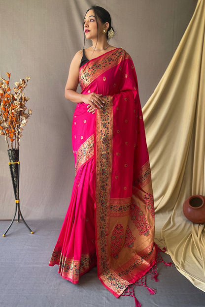 Folly Pink Zari Woven Paithani Silk Saree