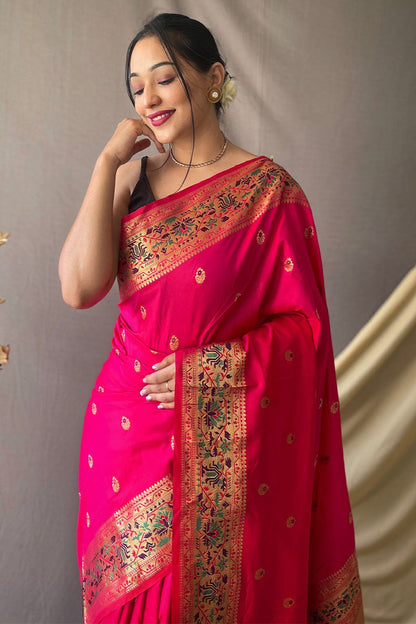 Folly Pink Zari Woven Paithani Silk Saree