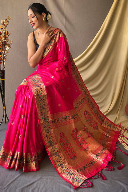 Folly Pink Zari Woven Paithani Silk Saree