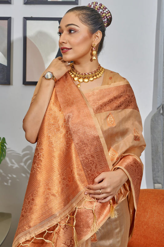 French Beige Banarasi Tissue Silk Saree