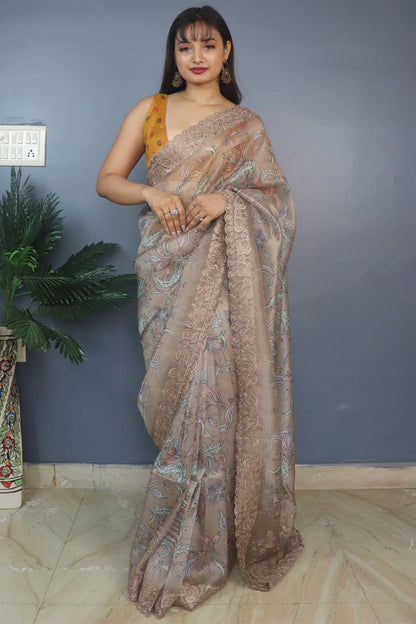 French Beige Kalamkari Printed Organza Silk Saree