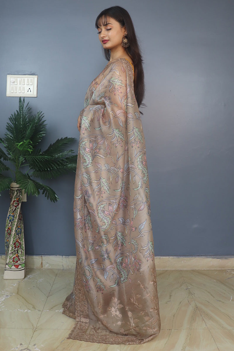 French Beige Kalamkari Printed Organza Silk Saree