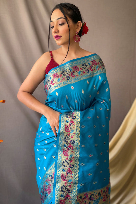 French Blue Zari Woven Paithani Silk Saree