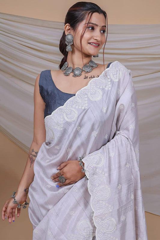 French Grey Embroidered Work Soft Silk Saree