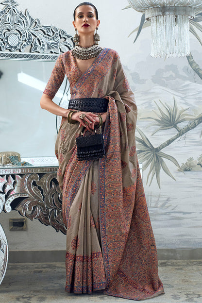 Friar Grey Kashmiri Modal Pashmina Silk Saree