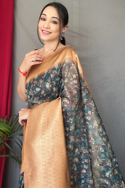 Fuscous Grey Kalamkari Printed Soft Silk Saree