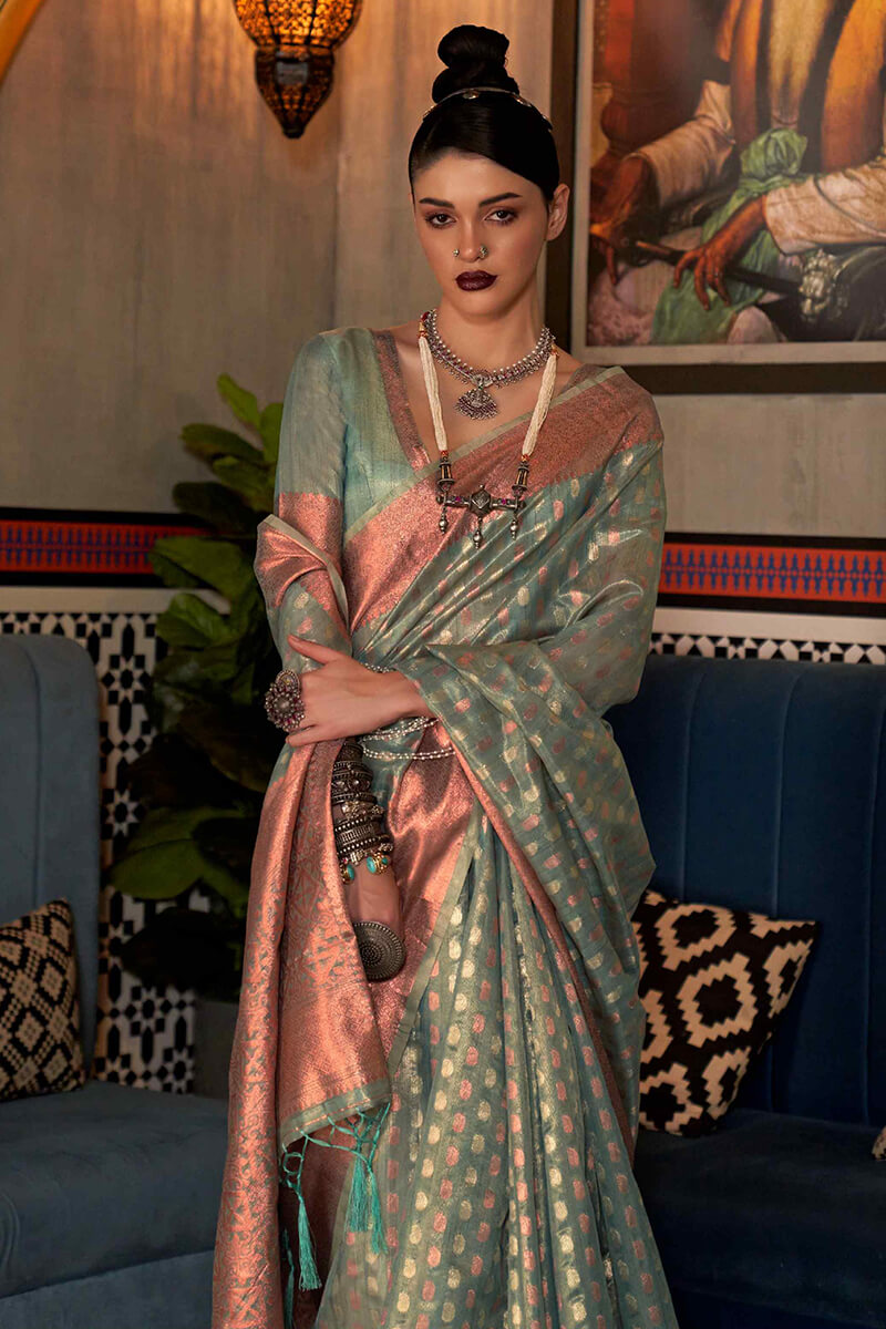 Granite Green Banarasi Tissue Woven Silk Saree with Copper Zari