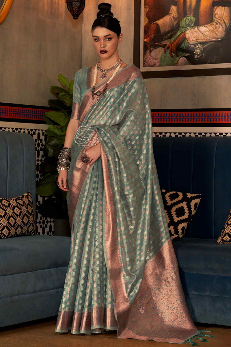 Granite Green Banarasi Tissue Woven Silk Saree with Copper Zari