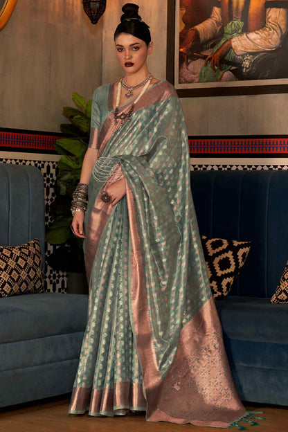 Granite Green Banarasi Tissue Woven Silk Saree with Copper Zari