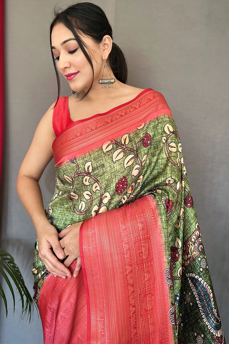 Granite Green Kalamkari Printed Soft Silk Saree