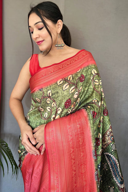 Granite Green Kalamkari Printed Soft Silk Saree