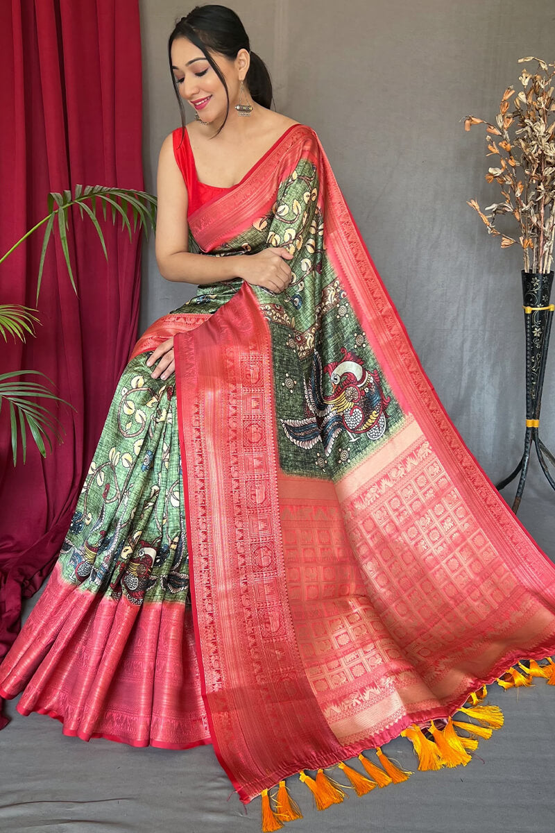 Granite Green Kalamkari Printed Soft Silk Saree