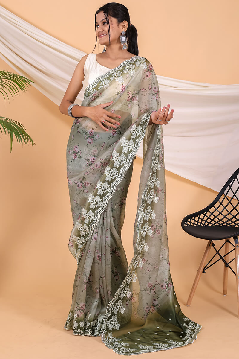 Granite Green Printed Organza Embroidery Work Saree