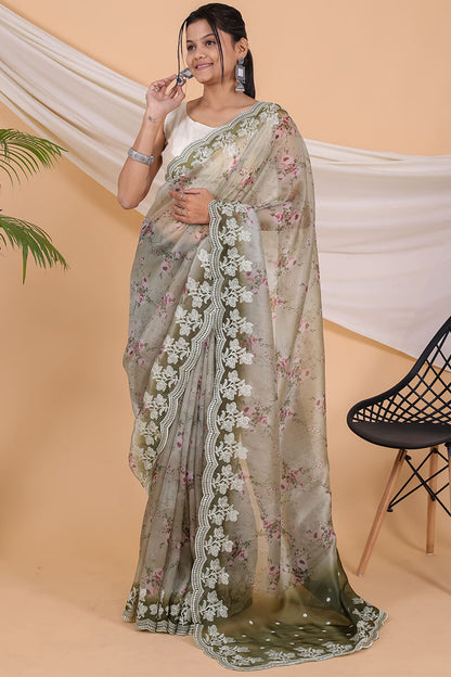 Granite Green Printed Organza Embroidery Work Saree