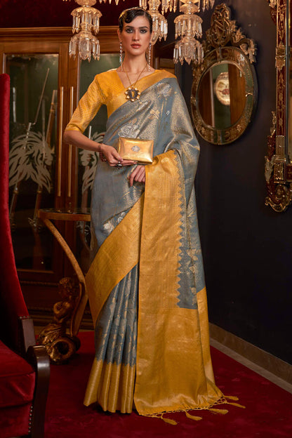 Grey and Mustard Kanjivaram Silk Saree