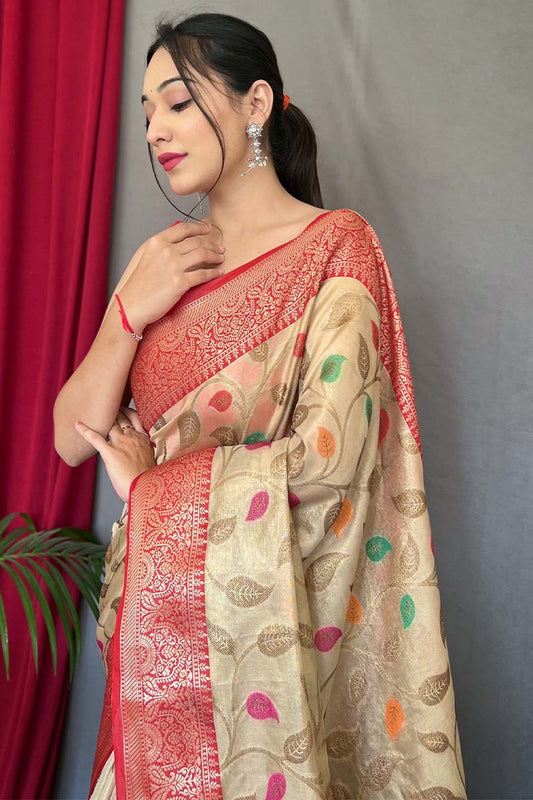 Hampton Beige Banarasi Tissue Silk Saree