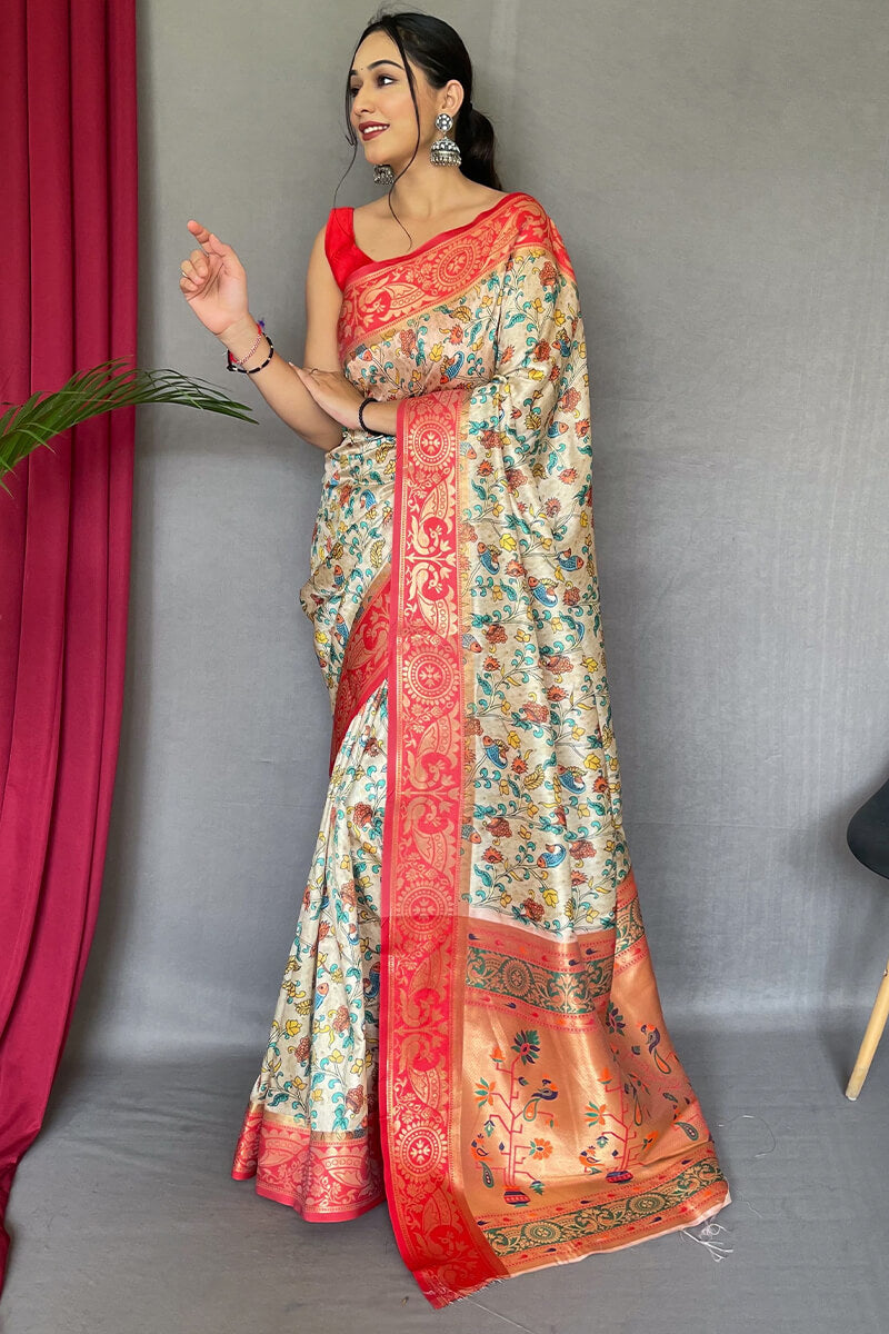 Hampton Beige Kalamkari Printed Silk Saree