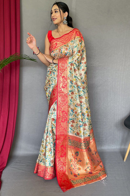 Hampton Beige Kalamkari Printed Silk Saree