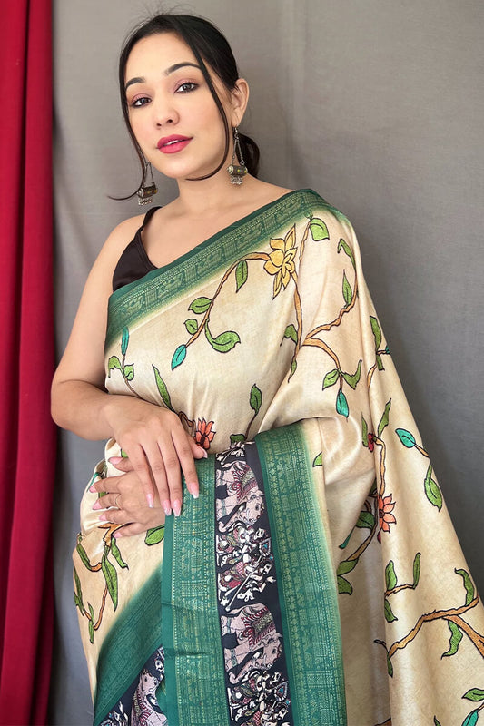 Harvest Beige Zari Woven Printed Soft Silk Saree