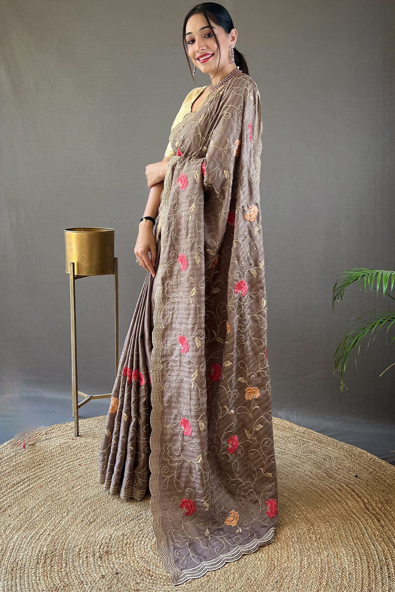 Heathered Grey Embroidered Work Tussar Silk Saree