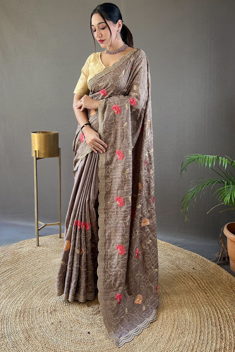 Heathered Grey Embroidered Work Tussar Silk Saree