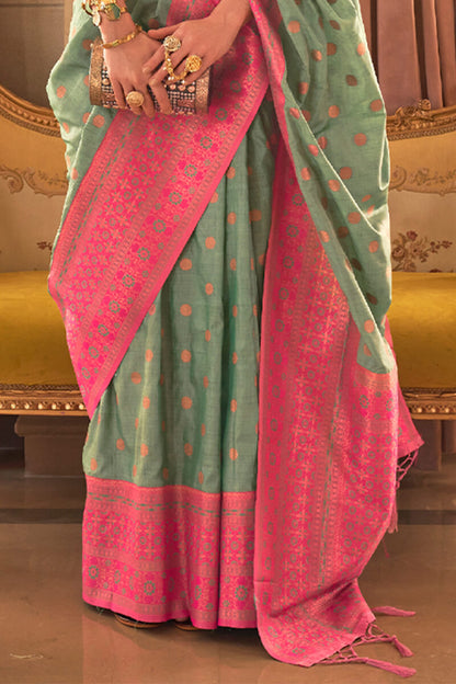 Hemlock Green and Pink Soft Banarasi Silk Saree