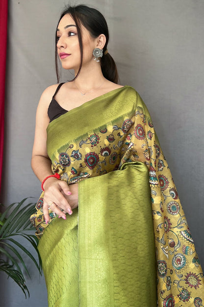 Iguana Green Kalamkari Printed Soft Silk Saree