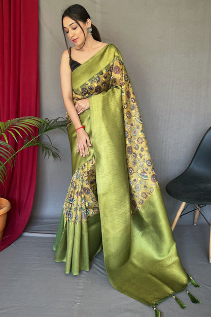 Iguana Green Kalamkari Printed Soft Silk Saree