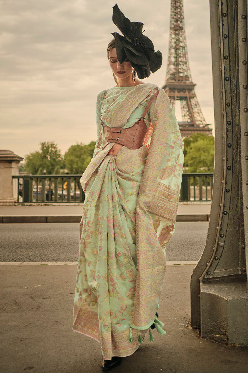 Iguana Green Kashmiri Modal Organza Silk Saree